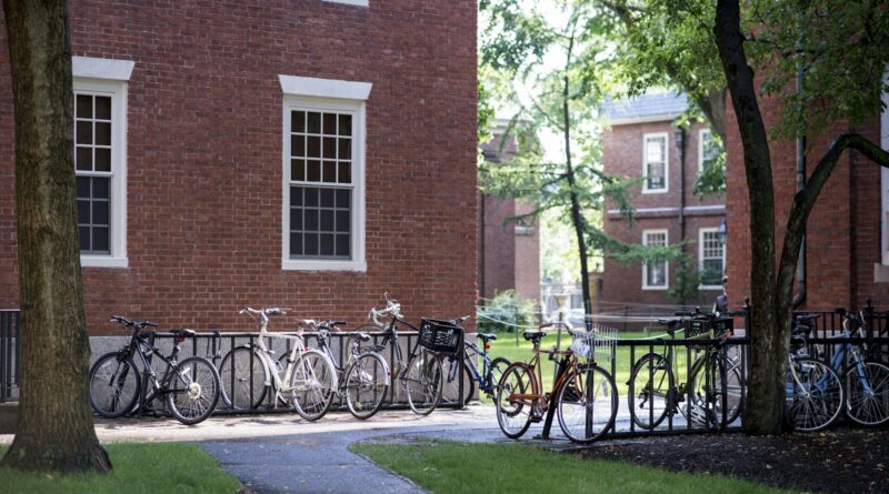Parkerede cykler foran universitetsbygninger i røde mursten på en solskinsdag